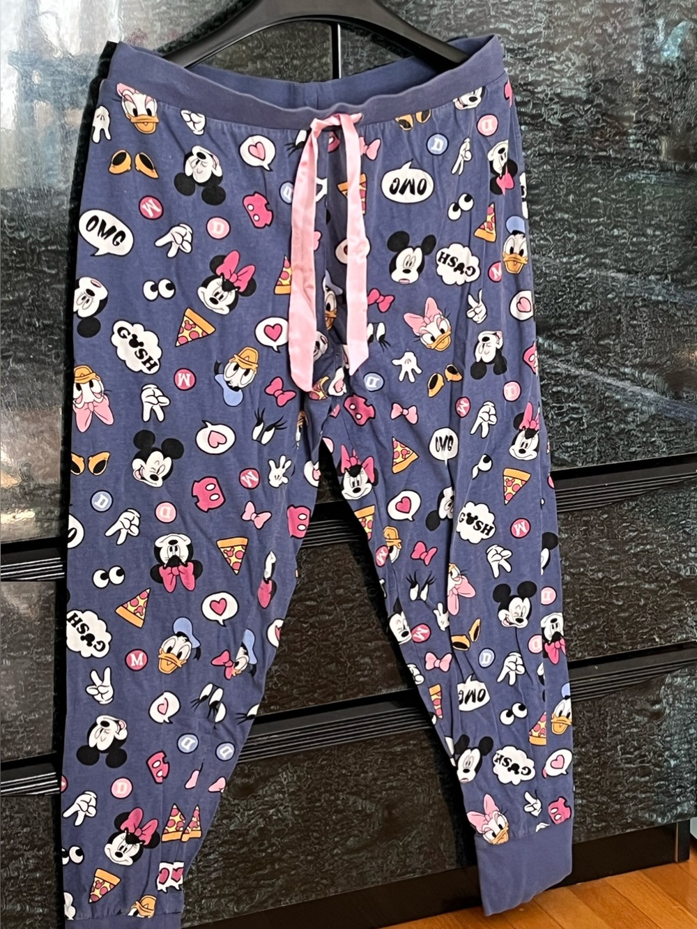 2/25$Disney Navy Cotton Minnie, Mickey and Friends PJ Pants with Pink Drawstring